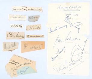England Test and County cricketers. 1920s onwards. A selection of early signatures on snips including nine members of the M.C.C. touring party to Australia 1924/25 of Hobbs, Sandham, Strudwick, Hendren, Tate, Tyldesley, Bryan etc., R.W. Clarke (Northampto