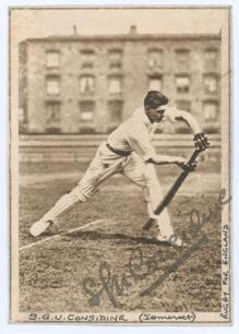 Stanley George Ulick Considine. Somerset 1919-1935. Small sepia printed image of Considine in batting pose. Signed in ink by Considine. 2.5&rdquo;x3.5&rdquo;. G