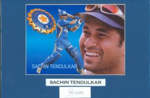 Sachin Ramesh Tendulkar. Mumbai, Yorkshire & India 1988-2014. Signature in ink of Tendulkar on small white card mounted below a colour montage photograph of Tendulkar. Overall 16.5&rdquo;x11.75&rdquo;. Some creasing to mount, the signature in very good condition.