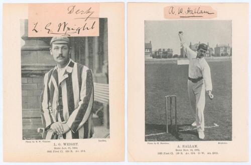 Levi George Wright (Derbyshire 1883-1909) and Albert William Hallam (Lancashire & Nottinghamshire 1895-1910). Two excellent signatures in ink of Wright and Hallam, each signed to piece and laid down to photo bookplate extract of the player. Very good cond