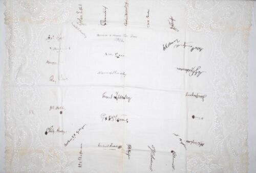 &lsquo;Australian & England Test Series 1926&rsquo;. A tablecloth with intricate decorative lacework borders, signed in black ink by twenty eight England and Australia Test players. Handwritten title to centre with the signatures of the England captain, Arthur Carr, 