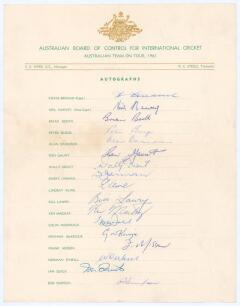 Australian tour of England 1961. Official autograph sheet fully signed in ink by all seventeen listed playing members of the touring party. Signatures are Benaud (Captain), Harvey, Booth, Burge, Davidson, Gaunt, Grout, Jarman, Kline, Lawry, Mackay, McDona