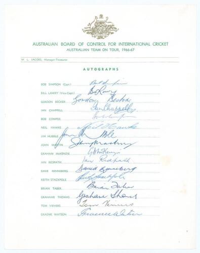 Australian tour of South Africa 1966/67. Official autograph sheet fully signed in ink by all sixteen members of the touring party plus the tour manager Bill Jacobs. Signatures are Simpson (Cpt), Lawry, Becker, Chappell, Cowper, Hawke, Hubble, Martin, McKe