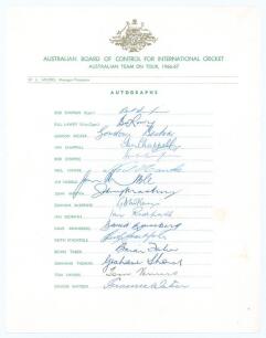 Australian tour of South Africa 1966/67. Official autograph sheet fully signed in ink by all sixteen members of the touring party plus the tour manager Bill Jacobs. Signatures are Simpson (Cpt), Lawry, Becker, Chappell, Cowper, Hawke, Hubble, Martin, McKe