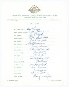 Australia tour to England 1968. Official autograph sheet fully signed by the seventeen playing members of the Australian touring party. Signatures are Lawry (Captain), Jarman, Chappell, Connolly, Cowper, Freeman, Gleeson, Hawke, Inverarity, Joslin, Mallet