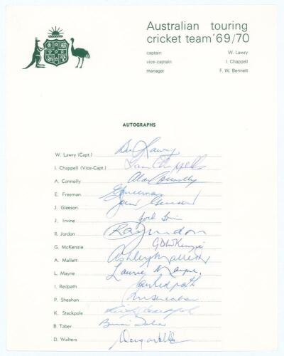 Australia tour to India 1969/70. Official autograph sheet fully signed in ink by all fifteen members of the touring party. Signatures are Lawry (Captain), Chappell, Connolly, Freeman, Gleeson, Irvine, Jordon, McKenzie, Mallett, Mayne, Redpath, Sheahan, St