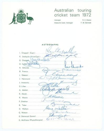 Australian tour of England 1972. Official autograph sheet fully signed by all seventeen playing members of the Australian touring party. Signatures are I. Chappell (Cpt), Stackpole, G. Chappell, Colley, Edwards, Francis, Gleeson, Hammond, Inverarity, Lil