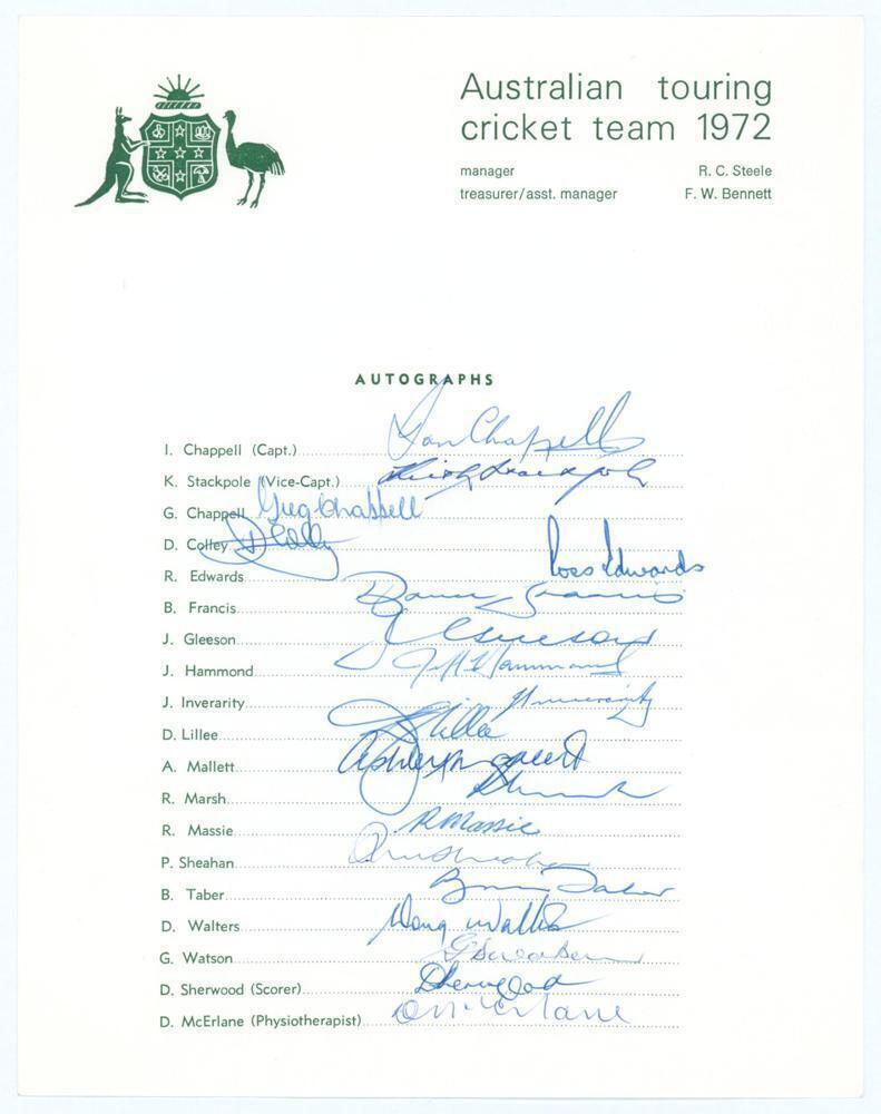 Autigraph Sheet Australian tour of England 1972. Official autograph sheet fully signed ...