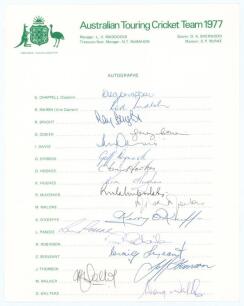 Australian tour to England 1977. Official autograph sheet fully signed in ink by all seventeen members of the touring party. Signatures are Chappell (Captain), Marsh, Bright, Cosier, Davis, Dymock, Hookes, Hughes, McCosker, Malone, O&rsquo;Keeffe, Pascoe, Robin
