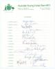 Australian tour to England 1977. Official autograph sheet fully signed in ink by all seventeen members of the touring party. Signatures are Chappell (Captain), Marsh, Bright, Cosier, Davis, Dymock, Hookes, Hughes, McCosker, Malone, O’Keeffe, Pascoe, Robin