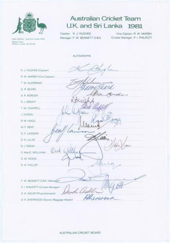 Australian tour to England and Sri Lanka 1981. Official autograph sheet signed in black and blue ink by nineteen members of the Australian touring party. Players’ signatures are Hughes (Captain), Alderman, Beard, Border, Bright, T. Chappell, Dyson, Hogg, 