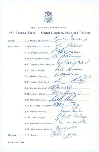 New Zealand tour to England, India and Pakistan 1969. Official New Zealand Cricket Council autograph sheet signed by all seventeen members of the touring party. Signatures include Dowling (Captain), Pollard, Burgess, Collinge, Congdon, D. Hadlee, Howarth,