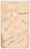 All India tour to England 1936. Album page signed in ink by eleven members of the 1936 India touring party. Signatures are Wazir Ali, V.M. Merchant, C.K. Nayudu, C.S. Nayudu, Mushtaq Ali, S.N. Banerjee, L.P. Jai, C. Ramaswamy, D.D. Hindelkar, Jahangir Kha