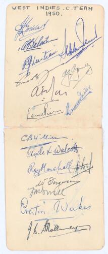 West Indies tour to England 1950. Two joined album pages fully signed in ink by the seventeen members of the West Indies touring party. Signatures are Goddard (Captain), Valentine, Christiani, Johnson, Jones, Gomez, Rae, Pierre, Ramadhin, Williams, Walcot