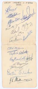 West Indies tour to England 1950. Two joined album pages fully signed in ink by the seventeen members of the West Indies touring party. Signatures are Goddard (Captain), Valentine, Christiani, Johnson, Jones, Gomez, Rae, Pierre, Ramadhin, Williams, Walcot