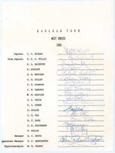 England Tour to West Indies 1981. Rarer official autograph sheet with printed title and players&rsquo; names. Fully signed in ink by all nineteen original members of the touring party. Signatures are Botham (Captain), Willis, Bairstow, Boycott, Butcher, Dilley,