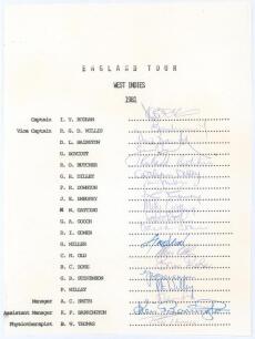 England Tour to West Indies 1981. Rarer official autograph sheet with printed title and players&rsquo; names. Fully signed in ink by all nineteen original members of the touring party. Signatures are Botham (Captain), Willis, Bairstow, Boycott, Butcher, Dilley,