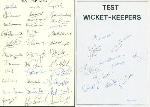 ‘Test Captains’ and ‘Test Wicket-Keepers’ 1940s-1990s. Two unofficial autograph sheets, both signed in ink, one by thirty five Test captains, the other by twelve wicket-keepers. Captains’ signatures include Bacher, Rutherford, Graveney, Howarth, Reid, Ill