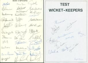 &lsquo;Test Captains&rsquo; and &lsquo;Test Wicket-Keepers&rsquo; 1940s-1990s. Two unofficial autograph sheets, both signed in ink, one by thirty five Test captains, the other by twelve wicket-keepers. Captains&rsquo; signatures include Bacher, Rutherford, Graveney, Howarth, Reid, Ill