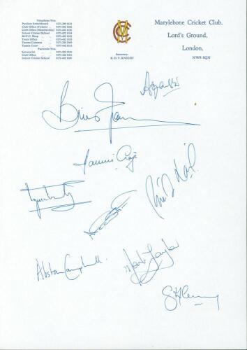 International Cricket Captains 1998. Nine signatures in ink on official M.C.C. letterhead of the captains who met at Lord’s in 1998 for a ‘summit meeting’ on the future of the game and to be briefed on the 1999 World Cup. Signatures are Azharuddhin, Lara,