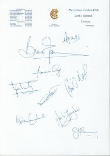 International Cricket Captains 1998. Nine signatures in ink on official M.C.C. letterhead of the captains who met at Lord&rsquo;s in 1998 for a &lsquo;summit meeting&rsquo; on the future of the game and to be briefed on the 1999 World Cup. Signatures are Azharuddhin, Lara,