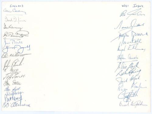 M.C.C. tour to West Indies 1967/68. Plain white card signed in ink by fifteen members of the M.C.C. touring party to the left edge and twelve West Indies players to the right. Signatures are Cowdrey, Titmus, Graveney, Barrington, Parks, Boycott, Milburn, 