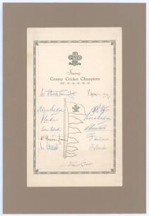 &lsquo;Surrey County Cricket Champions 1952-1957&rsquo;. Official autograph sheet with printed title, county emblem and decorative borders. Signed by thirteen members of the Surrey team of 1957. Signatures are Surridge, A. Bedser, Laker, Clark, Barrington, Stewart, M