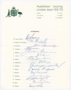 Australia tour to India 1969/70. Official autograph sheet fully signed in ink by all fifteen members of the touring party. Signatures are Lawry (Captain), Chappell, Connolly, Freeman, Gleeson, Irvine, Jordon, McKenzie, Mallett, Mayne, Redpath, Sheahan, St