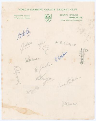 Worcestershire C.C.C. 1947. Page on official Worcestershire C.C.C. letterhead signed by thirteen members of the 1947 team. Two signatures in ink of White (Captain) and Cooper. The remainder in pencil include Jackson, Wyatt, Palmer, Howard, Jenkins, Kenyon