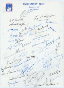 Centenary Test. Australia v England 1977. Official autograph sheet on ‘Centenary Test March 12-17 1977 Melbourne’ headed page on lightweight paper. The page comprises forty seven signatures in ink of former Test players, the majority Australian. Signature