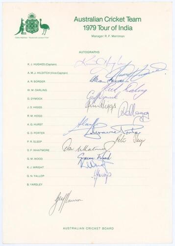 Australian tour of India 1979. Official autograph sheet signed in ink by fifteen members of the touring party. Signatures are Hughes (Captain), Hilditch, Border, Darling, Dymock, Higgs, Hogg, Hurst, Porter, Sleep, Whatmore, Wood, Wright, Yallop and the ad