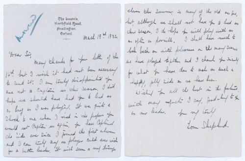 Thomas Frederick ‘Tom’ Shepherd. Surrey 1919-1932. Two page handwritten letter in ink from Shepherd to Percy Fender who had recently been stood down as Surrey captain to be replaced by Douglas Jardine. Dated 19th March 1932, as a professional Shepherd add