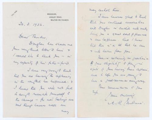 Malcolm Robert Jardine. Oxford University, Middlesex & Europeans 1889-1903. Two page handwritten letter in ink from Jardine to Percy Fender who had recently been stood down as Surrey captain to be replaced by Jardine’s son, Douglas. Dated 20th March 1932,