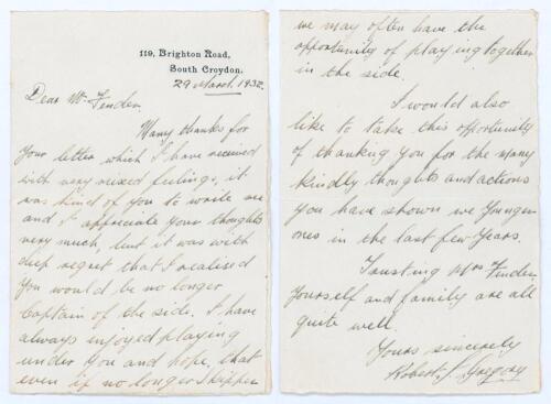 Robert James ‘Bob’ Gregory. Surrey 1925-1947. Two page handwritten letter in ink to Percy Fender from Gregory dated 29th March 1932. As a professional, Gregory writes to ‘Dear Mr. Fender’ to thank him for the letter with the news of Fender being stood dow