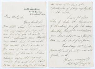 Robert James ‘Bob’ Gregory. Surrey 1925-1947. Two page handwritten letter in ink to Percy Fender from Gregory dated 29th March 1932. As a professional, Gregory writes to ‘Dear Mr. Fender’ to thank him for the letter with the news of Fender being stood dow