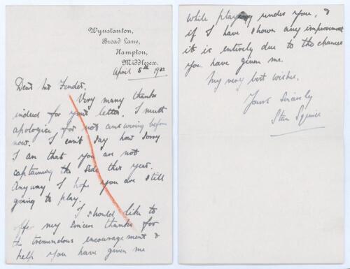 Harry Stanley ‘Stan’ Squires. Surrey 1928-1949. Two page handwritten letter in ink from Squires to Percy Fender who had recently announced his being stood down as Surrey captain. Dated 5th April 1932, as a professional Strudwick writes to ‘Dear Mr. Fender