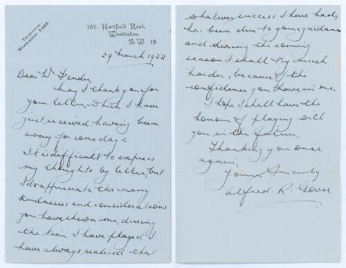 Alfred Richard ‘Alf’ Gover. Surrey & England 1928-1947. Two page handwritten letter in ink to Percy Fender from Gover dated 29th March 1932. On receiving the news of Fender having been stood down as Surrey captain, as a professional Gover writes to ‘Dear 