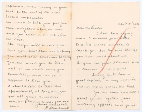 Herbert ‘Bert’ Strudwick. Surrey & England 1902-1927. Two page handwritten letter in ink from Strudwick to Percy Fender who had recently announced his being stood down as Surrey captain. Dated 3rd April 1932, as a professional Strudwick writes to ‘Dear Mr