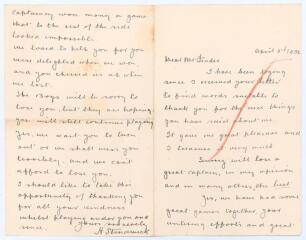 Herbert ‘Bert’ Strudwick. Surrey & England 1902-1927. Two page handwritten letter in ink from Strudwick to Percy Fender who had recently announced his being stood down as Surrey captain. Dated 3rd April 1932, as a professional Strudwick writes to ‘Dear Mr