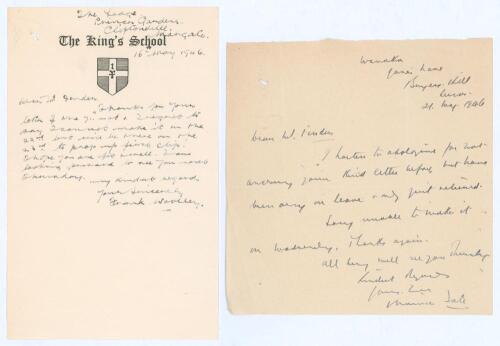 Frank Woolley, Tich Freeman and Maurice Tate 1946. Three handwritten letters to Percy Fender, each responding to invitations to attend events. Correspondents are F.E. Woolley (Kent & England 1906-1938) on The King’s School headed note paper, dated 16th Ma