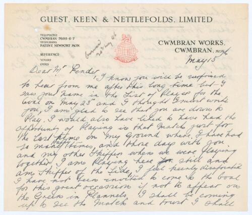 John William ‘Bill’ Hitch. Surrey & England 1907-1925. Two page handwritten letter in ink to Percy Fender on Guest, Keen & Nettlefolds of Cwmbran letterhead. Dated 15th May [1946], Hitch writes to say he has seen Fender’s name on the ‘List of Players for 