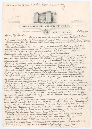 Hans Irvine Ebeling. Victoria & Australia 1923-1938. Two single page handwritten letters in ink from Ebeling to Percy Fender. One, dated 14th December 1977 on Melbourne C.C. official letterhead, contains interesting cricket content with Ebeling expressing