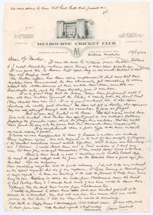 Hans Irvine Ebeling. Victoria & Australia 1923-1938. Two single page handwritten letters in ink from Ebeling to Percy Fender. One, dated 14th December 1977 on Melbourne C.C. official letterhead, contains interesting cricket content with Ebeling expressing