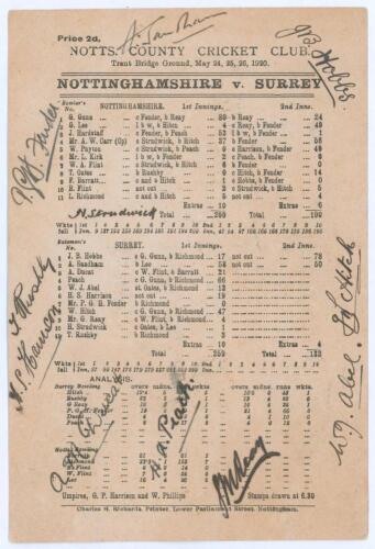 &lsquo;Nottinghamshire v. Surrey&rsquo; 1920. Official scorecard with complete printed scores for the match played at Trent Bridge, 24th- 26th May 1920. Nottinghamshire (200 & 190) lost to Surrey (259 & 132/0) by ten wickets. The scorecard nicely signed in black ink 