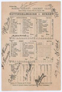 ‘Nottinghamshire v. Surrey’ 1920. Official scorecard with complete printed scores for the match played at Trent Bridge, 24th- 26th May 1920. Nottinghamshire (200 & 190) lost to Surrey (259 & 132/0) by ten wickets. The scorecard nicely signed in black ink 