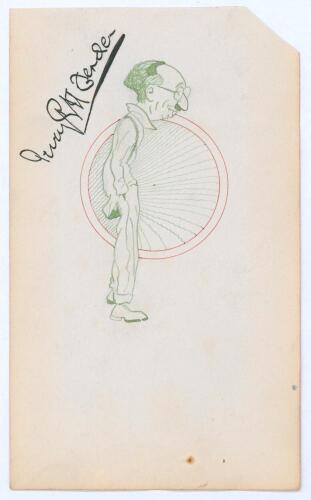 Percy George Herbert Fender. Sussex, Surrey & England 1910-1935. Original caricature illustration in green ink of Fender standing full length in profile. Nicely signed in black ink by Fender. Overall 3.75&rdquo;x6.25&rdquo;. One corner clipped, staple holes to lower 