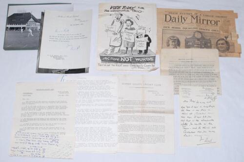 Percy George Herbert Fender. Sussex, Surrey & England 1910-1935. A good selection of ephemera from Percy Fender’s own ‘bottom drawer’. Contents include a Surrey C.C.C. official four page printed report dated 14th April 1915 with references to performances