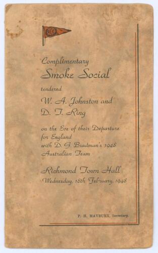 Australia tour to England 1948. Official folding menu for the ‘Complimentary Smoke Social tendered W.A. Johnston and D.J. Ring on the Eve of their Departure for England with D.G. Bradman’s 1948 Australian Team’, held at Richmond Town Hall (Melbourne), 18t