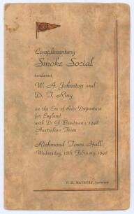 Australia tour to England 1948. Official folding menu for the ‘Complimentary Smoke Social tendered W.A. Johnston and D.J. Ring on the Eve of their Departure for England with D.G. Bradman’s 1948 Australian Team’, held at Richmond Town Hall (Melbourne), 18t