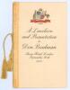 Don Bradman. Official menu for ‘A Luncheon and Presentation to Don Bradman’ held at the Savoy Hotel, London, 20th September 1948. Four page menu with gold tassel, with title and colour Australian emblem to front cover. To inside front cover, the menu, det